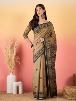 Akhilam - Women Beige Saree with Unstitched Blouse