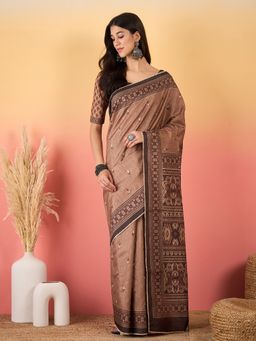 Akhilam - Silk Blend Brown Saree with Unstitched Blouse