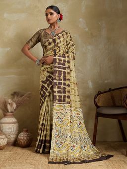 Akhilam - Cotton Blend Beige Saree with Unstitched Blouse
