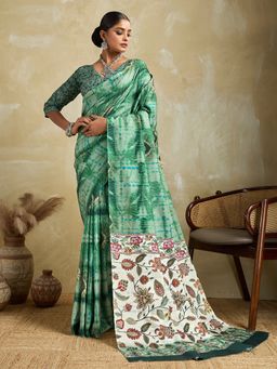Akhilam - Cotton Blend Green Saree with Unstitched Blouse