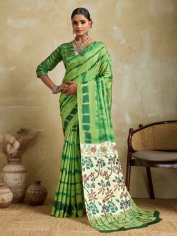 Akhilam - Cotton Blend Green Saree with Unstitched Blouse