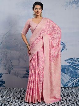 Akhilam - Women Chanderi Cotton Pink Saree with Unstitched Blouse