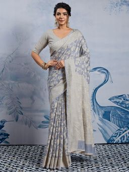Akhilam - Women Chanderi Cotton Grey Saree with Unstitched Blouse