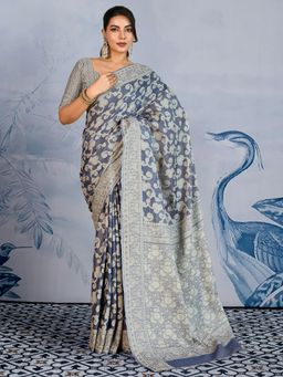Akhilam - Chanderi Cotton Charcoal Grey Saree with Unstitched Blouse