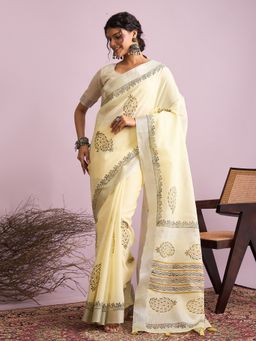 Akhilam - Women Linen Off White Saree with Unstitched Blouse
