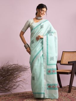 Akhilam - Women Linen Green Saree with Unstitched Blouse