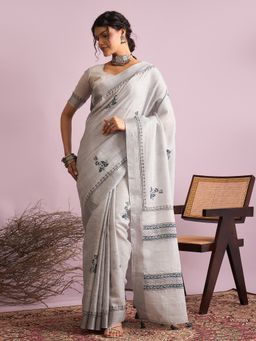 Akhilam - Women Linen Grey Saree with Unstitched Blouse