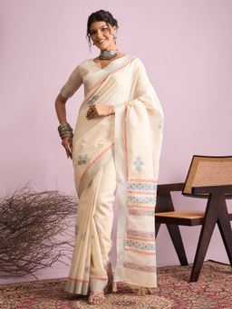 Akhilam - Linen Off White Saree with Unstitched Blouse