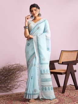 Akhilam - Linen Blue Printed Saree with Unstitched Blouse
