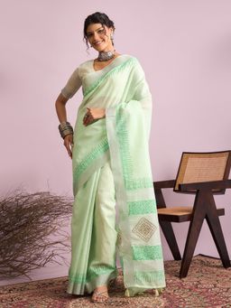 Akhilam - Linen Green Saree with Unstitched Blouse