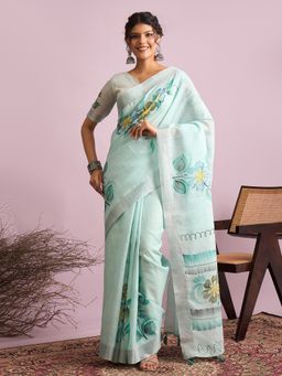 Akhilam - Women Linen Light Blue Printed Saree with Unstitched Blouse