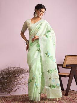 Akhilam - Linen Green Saree with Unstitched Blouse