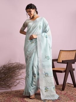 Akhilam - Linen Blue Saree with Unstitched Blouse