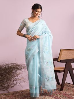 Akhilam - Linen Light Blue Printed Saree with Unstitched Blouse