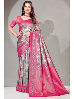 SGF11 - Women'S Kanjeevaram Pink Floral Saree with Unstitched Blouse