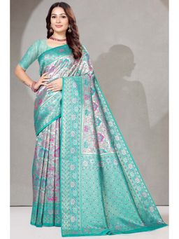 SGF11 - Women'S Kanjeevaram Floral Blue Saree with Unstitched Blouse