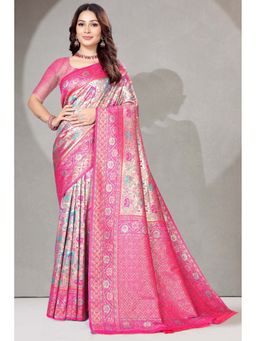 SGF11 - Pink Kanjeevaram Floral Women's Saree with Unstitched Blouse