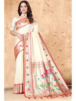 SGF11 - Cream Kanjeevaram Floral Saree with Unstitched Blouse