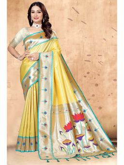 SGF11 - Yellow Kanjeevaram Floral Women's Saree with Unstitched Blouse