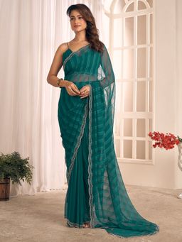 Akhilam - Georgette Teal Green Saree with Unstitched Blouse