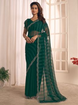 Akhilam - Women Georgette Dark Green Saree with Unstitched Blouse