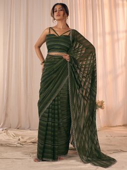 Akhilam - Georgette Dark Green Saree with Unstitched Blouse
