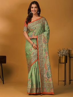 Akhilam - Viscose Green Printed Saree with Unstitched Blouse