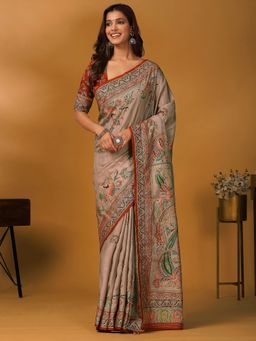 Akhilam - Viscose Beige Saree with Unstitched Blouse