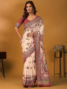 Akhilam - Women Printed Off White Saree with Unstitched Blouse