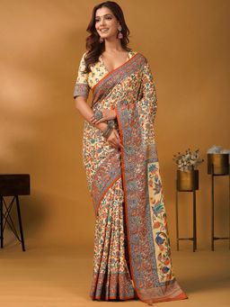 Akhilam - Women Cream Saree with Unstitched Blouse