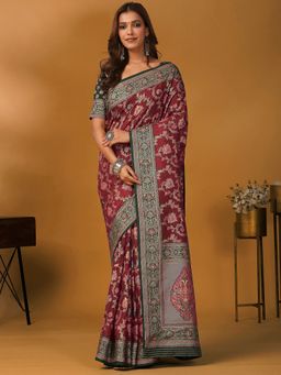 Akhilam - Viscose Floral Maroon Saree with Unstitched Blouse