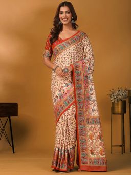 Akhilam - Cream Viscose Saree with Unstitched Blouse