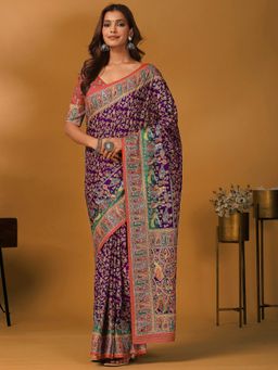 Akhilam - Viscose Floral Purple Saree with Unstitched Blouse