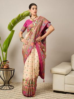 Akhilam - Viscose Off White Printed Saree with Unstitched Blouse