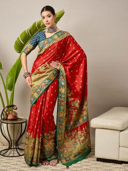 Akhilam - Viscose Red Printed Saree with Unstitched Blouse