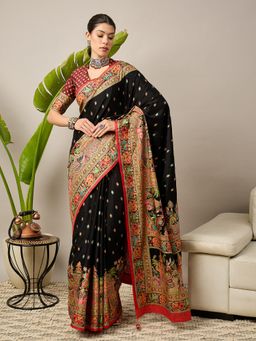 Akhilam - Viscose Printed Black Saree with Unstitched Blouse