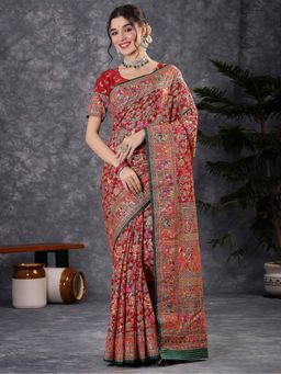 Akhilam - Viscose Printed Red Saree with Unstitched Blouse