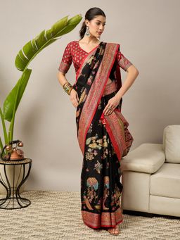Akhilam - Viscose Black Printed Saree with Unstitched Blouse