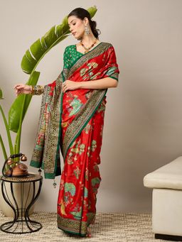 Akhilam - Women Viscose Red Saree with Unstitched Blouse