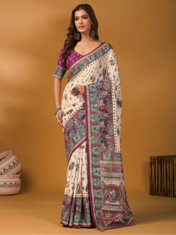 Akhilam - Viscose Off White Printed Saree with Unstitched Blouse