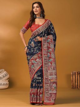 Akhilam - Navy Blue Saree with Unstitched Blouse