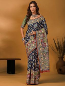 Akhilam - Women Navy Blue Saree with Unstitched Blouse