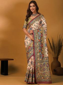 Akhilam - Women Viscose Off White Printed Saree with Unstitched Blouse