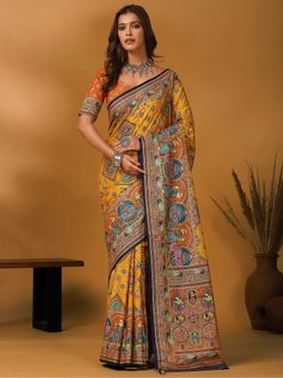 Akhilam - Viscose Printed Mustard Saree with Unstitched Blouse