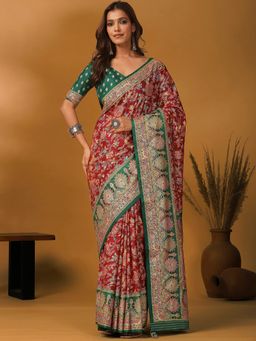 Akhilam - Viscose Maroon Floral Saree with Unstitched Blouse