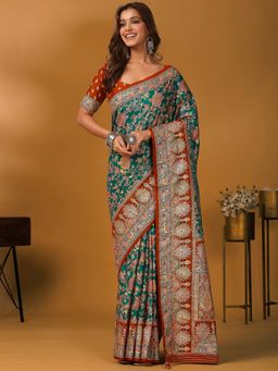 Akhilam - Women Viscose Teal Green Saree with Unstitched Blouse