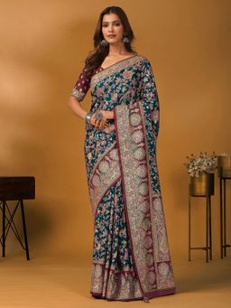 Akhilam - Viscose Blue Saree with Unstitched Blouse