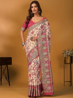 Akhilam - Viscose Floral Cream Saree with Unstitched Blouse