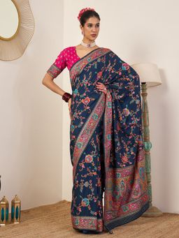 Akhilam - Viscose Navy Blue Floral Saree with Unstitched Blouse