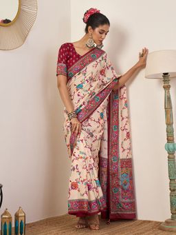 Akhilam - Viscose Cream Floral Saree with Unstitched Blouse